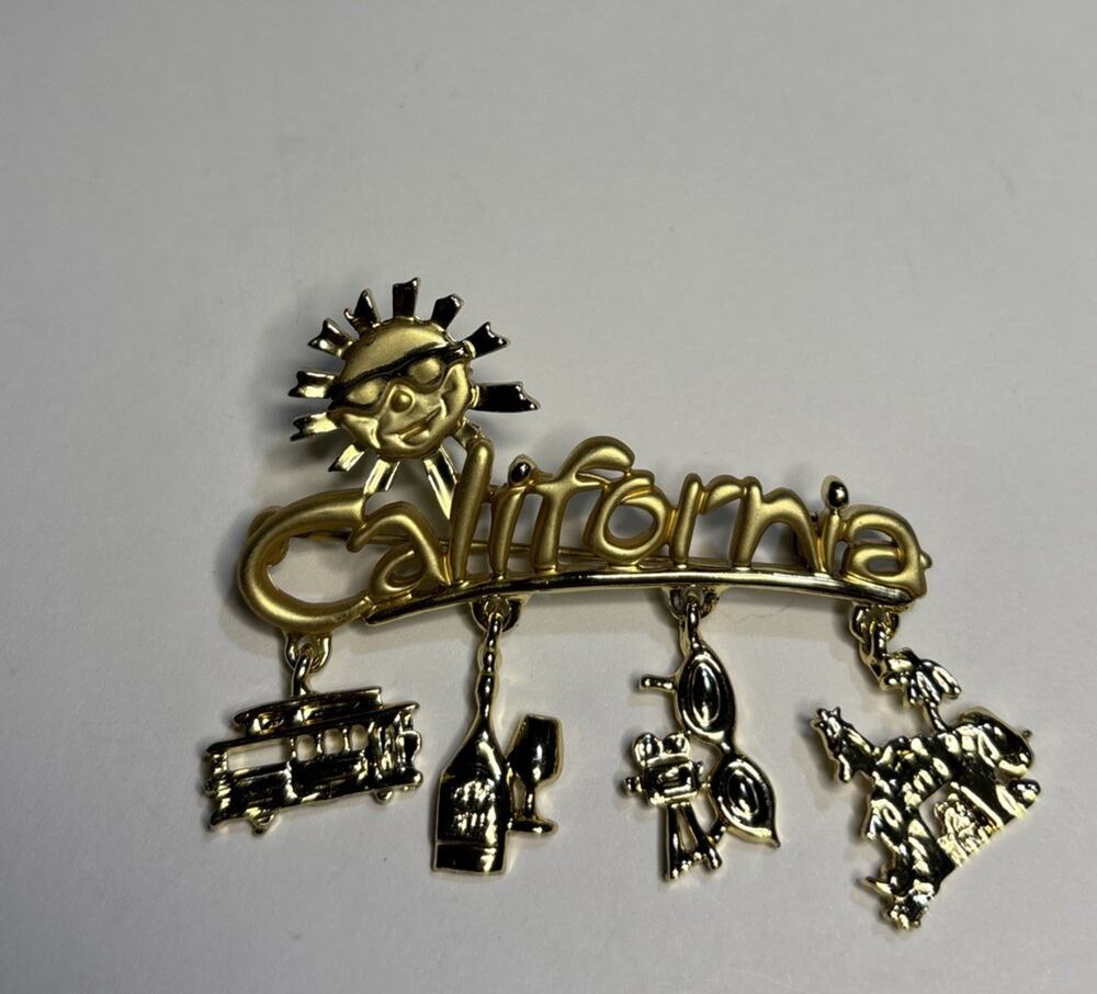 Danecraft Vintage California Pin Brooch Brushed Gold Charms Signed 2”